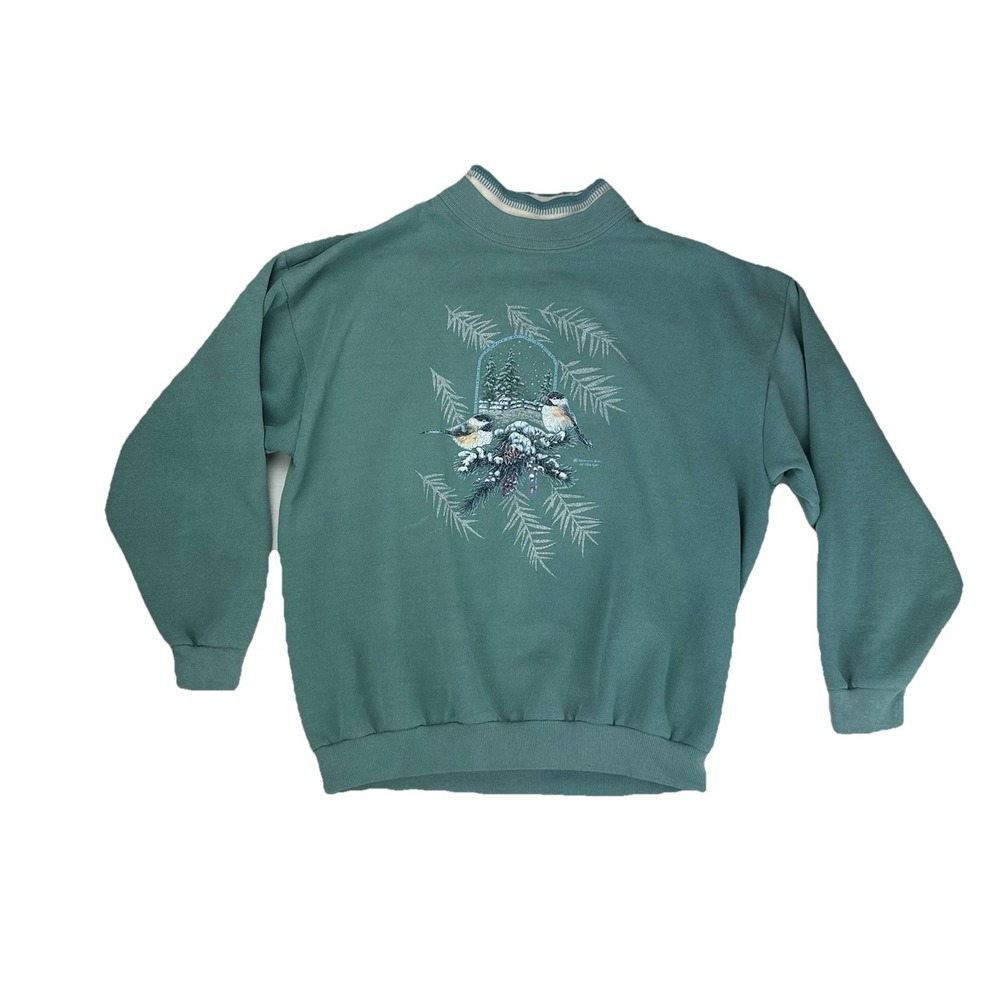 90's VTG Morning Sun M Blue Sweatshirt Chickadee Christmas Collar Pullover‎ - Picture 3 of 11
